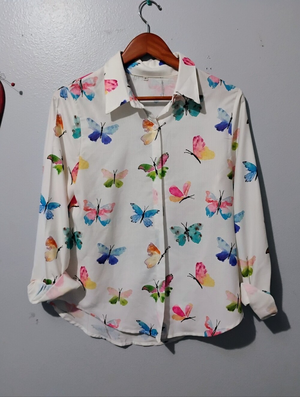 Women's White Butterfly Print Button-Up Top